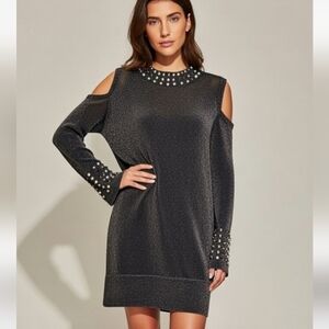 Wallis Black Gold Studded Cold Shoulder Mock Neck Tunic Mini Dress Size Medium